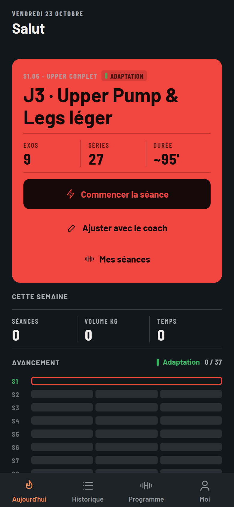 Écran Aujourd'hui : la séance du jour avec les boutons Commencer la séance et Ajuster avec le coach