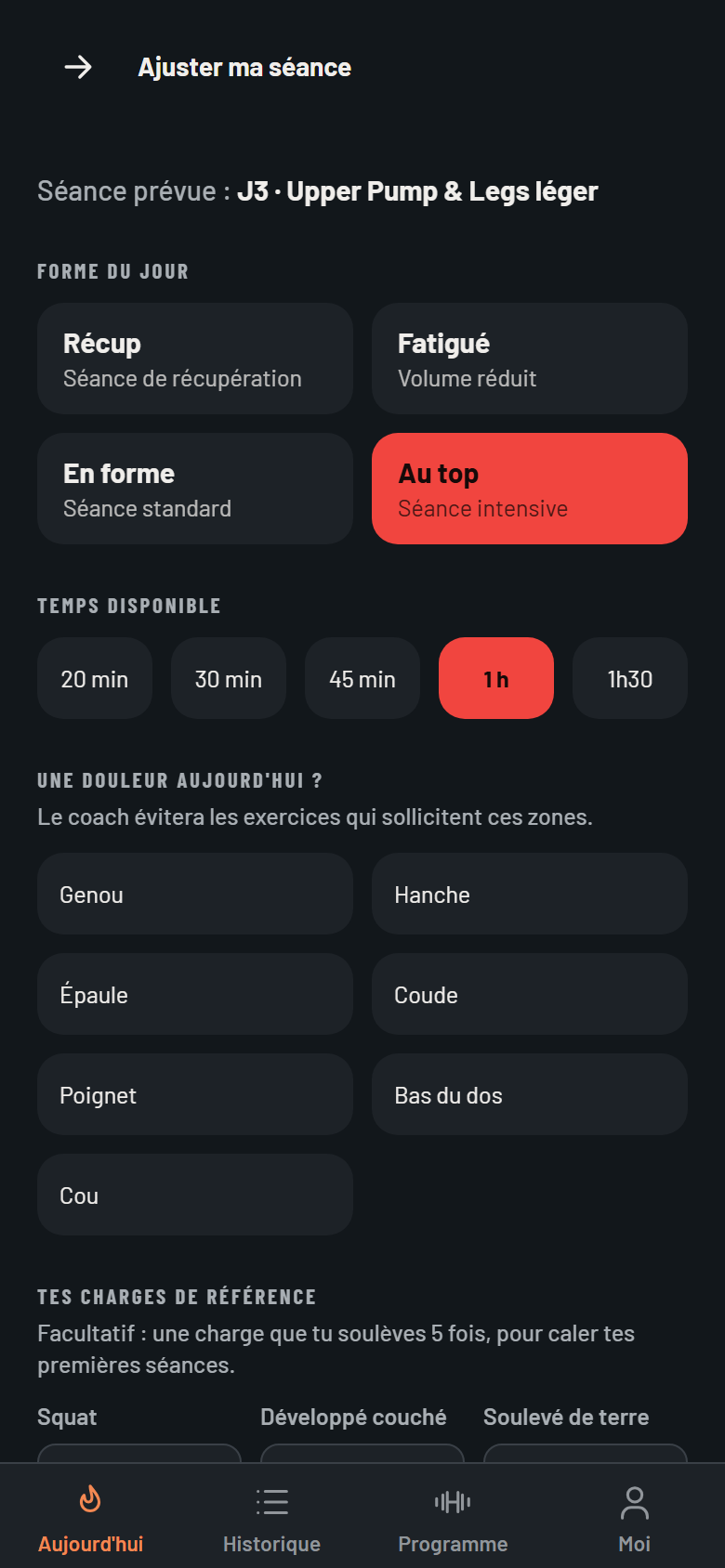 Questions du coach : forme du jour, temps disponible, douleur éventuelle